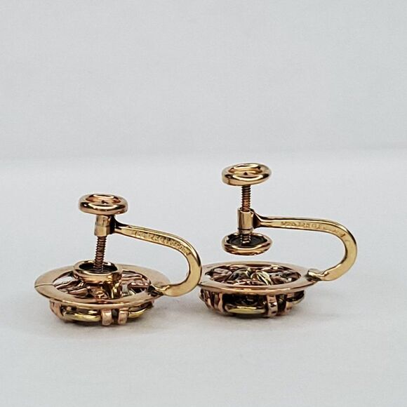 Vintage 12K GF Gold Screwback Earrings Round Flower Blue Crystal Center 1/2" - Picture 4 of 6